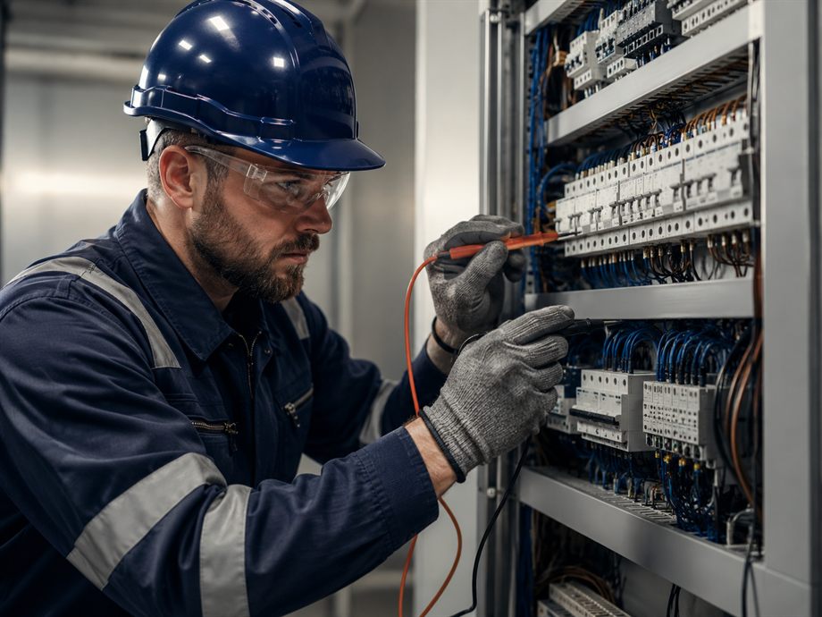 Electrician testing a distribution board with a multimeter