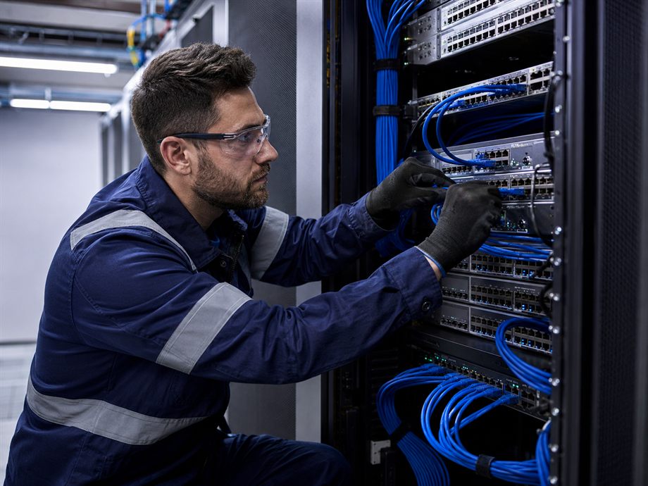 Technician managing structured network and telecoms cabling